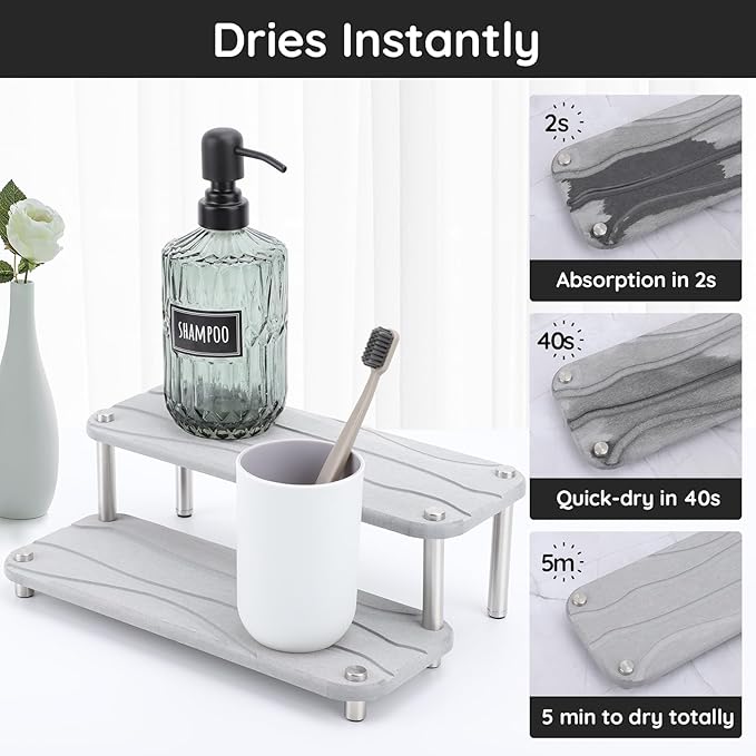Segbeauty 2 Tier Quick Dry Diatomaceous Earth Stone Tray, 11x4.3in Water Absorbing Bathroom Tray Countertop Organizer Instant Drying Vanity Tray, Kitchen Counter Dish Soap Dispenser Rack Sponge Holder