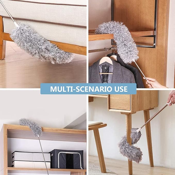 Duster with Extension Pole, 30-100 Inch & Bendable Microfiber Duster Head | Detachable & washable Duster head，Extendable Long Duster for Cleaning Ceiling Fan, High Ceiling, Keyboard, Furniture Car Gray