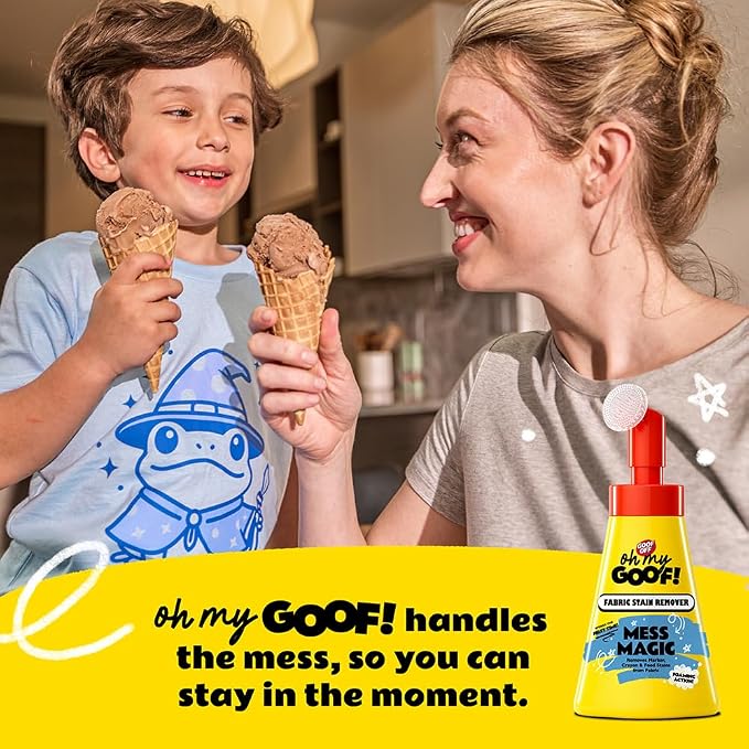 oh my GOOF! Mess Magic Fabric Stain Remover, 8 oz. Foam Stain Remover with Built-In Silicone Scrubber, Helps Remove Food, Marker, Crayon and Ink Marks