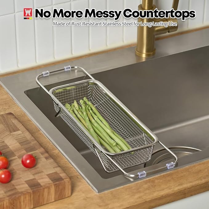 WAGENSTEIGER Extendable Dish Rack with Feet, Vegetable Colander Basket, Stainless Steel Dish or Silverware Drying Rack, Ultimate Kitchen Organizer Over the Sink (12.40 x 5.12 x 2.36 Inches)