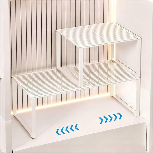 Extendable Metal Wire Shelf Organizer - Adjustable 15-24.4in Length, Stackable Storage Rack for Kitchen/Pantry/Bathroom/Shoe Cabinet/Tool Closet (2, White)