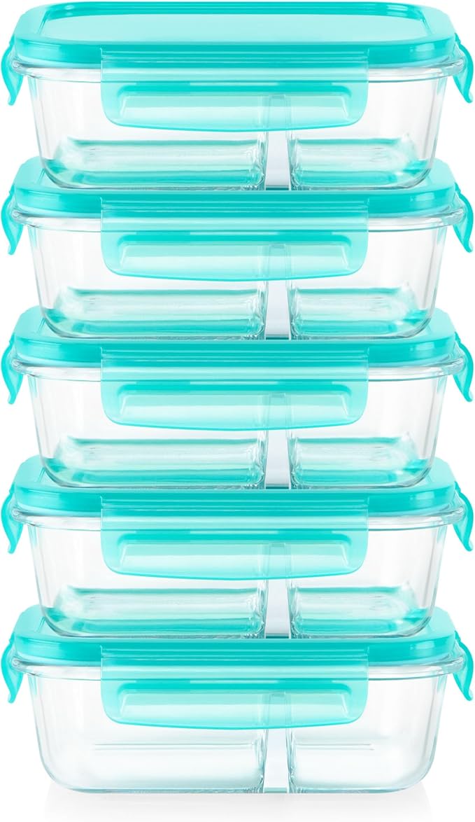 Pyrex Glass Meal Box (5-Pack, 2.3 Cup) Divided Compartments with Locking Lids, For Meal Prepping and Portioning, BPA Free Microwave Dishwasher Safe
