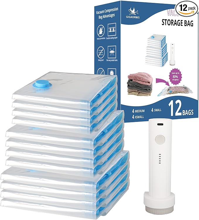 Vacuum Storage Bags 12 Pack Wireless Rechargeable Electric Pump for Travel | Plastic Vacuum Sealer Compression Bag, Space Saving Reusable for Clothes, Luggage, Packing, Backpack, Sweater, Shirt, Scarve