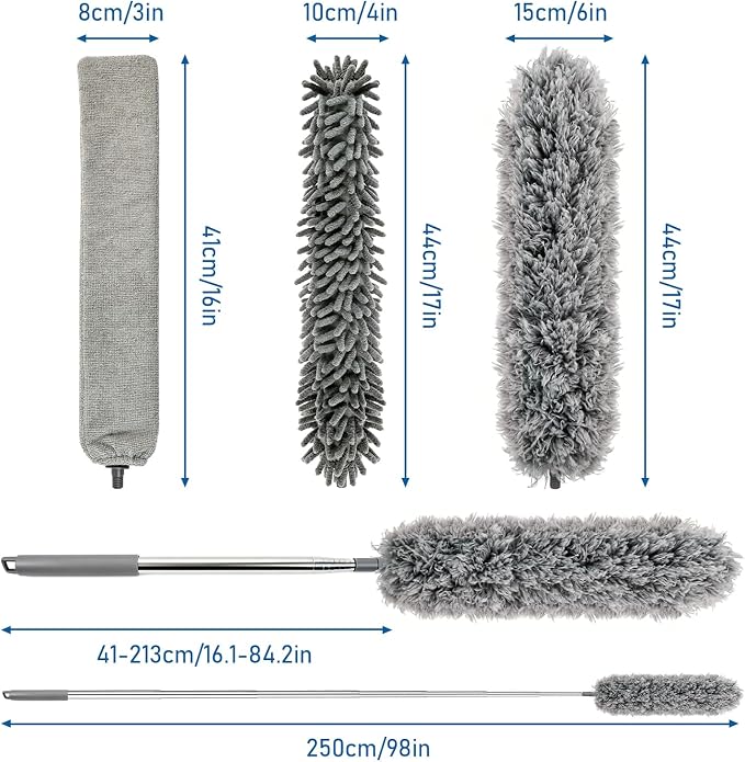 Microfiber Feather Duster 6-in-1 Kit | Extendable Duster with 100" Pole | Washable Long Handle Duster Set for High Ceilings, Fans, Blinds