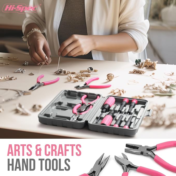 Hi-Spec 11pc Pink Womans Compact Crafts & Home DIY Repair Hand Tool Kit Set with Pliers, Cutters and Precision Screwdrivers for Ladies | 11pc, everyday fixes made easier, organized portable storage, beginner-friendly selection, apartment and office tas...