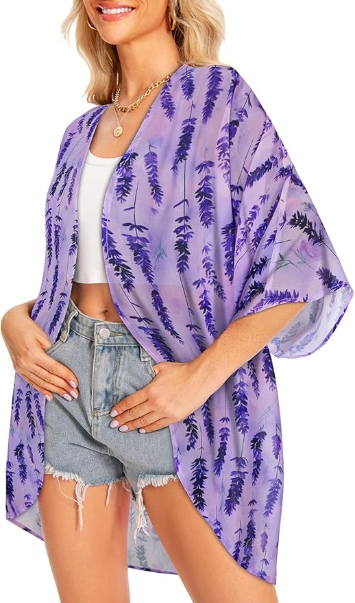 Women Kimono Cardigans Summer Cover Up Hawaiian Shirts Floral Print Tops | ROSEMIA chiffon kimono open front cardigans, beach cover ups, daily casual tops, cruise outfits, summer resort wear