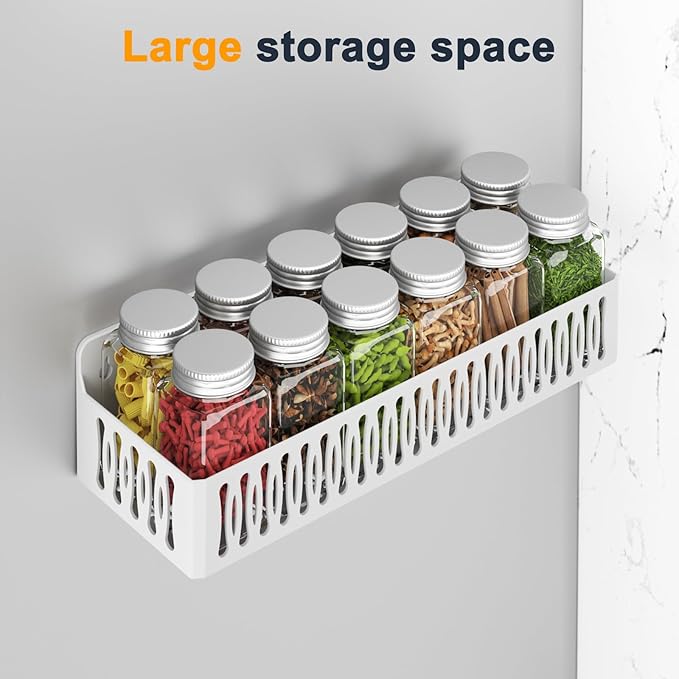 Sevenblue 4-Pack Magnetic Spice Rack for Refrigerator with Hooks, White | Strong multipurpose magnetic shelf for kitchen & bathroom organization. Includes 4 removable hooks for hanging items.