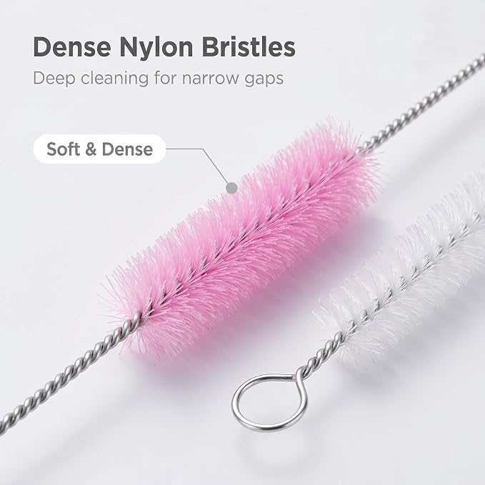 2 Pack Straw Cleaner Brush, Reusable Metal Handles Straw Cleaner Brush Extra Long for Stanley Mug 40, 30, 20 oz, 10mm Wide for Sippy Cup, Water Bottle and Tubes (Clear+Pink)