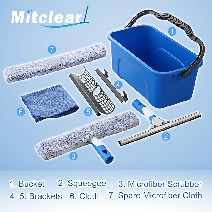 Mitclear Professional Window Cleaning Kit, Include Compact Cleaning Bucket 3 Gallon, Silicone Squeegee, Microfiber Scrubber, Cloth, All-in-one Window Cleaning Supplies, Commercial & Household Use