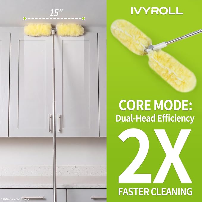 IVYROLL Dual Head Duster with Extended Handle 6 ft | Lockable Extendable Duster Kit with Extension Pole for High Ceiling Fan & Wall, 8 Refills