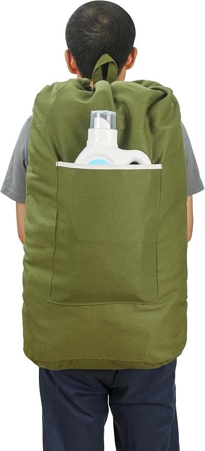 Canvas Laundry Bag, Laundry Backpack, Army Green, X-Large | Washable Laundry Collector,Thick Woven Adjustable Shoulder Straps,Large Front Pocket,Drawstring Closure,for College,Camping