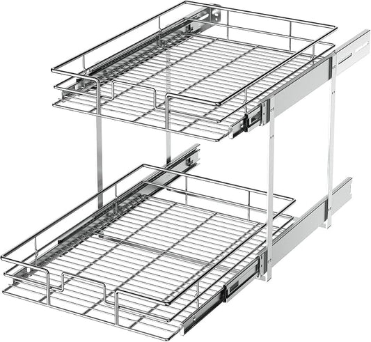 LOVMOR 2 Tier Individual Pull Out Cabinet Organizer 15½" W x 21½" D, Slide Out Kitchen Cabinet Storage Sliding Shelves
