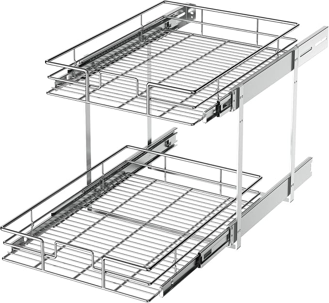 LOVMOR 2 Tier Individual Pull Out Cabinet Organizer 14" W x 21" D, Slide Out Kitchen Cabinet Storage Sliding Shelves