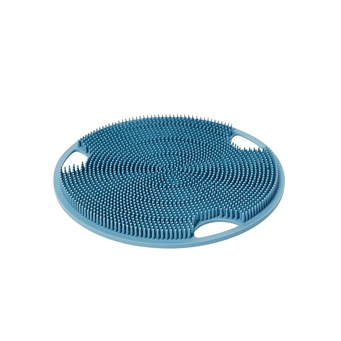 Boie USA Flat Body Scrubber - Soft Silicone-Like Exfoliating Shower Scrubber & Body Cleansing Brush - Stick-to-Wall Loofah Replacement - Antimicrobial Exfoliator for All Skin Types (Blue)