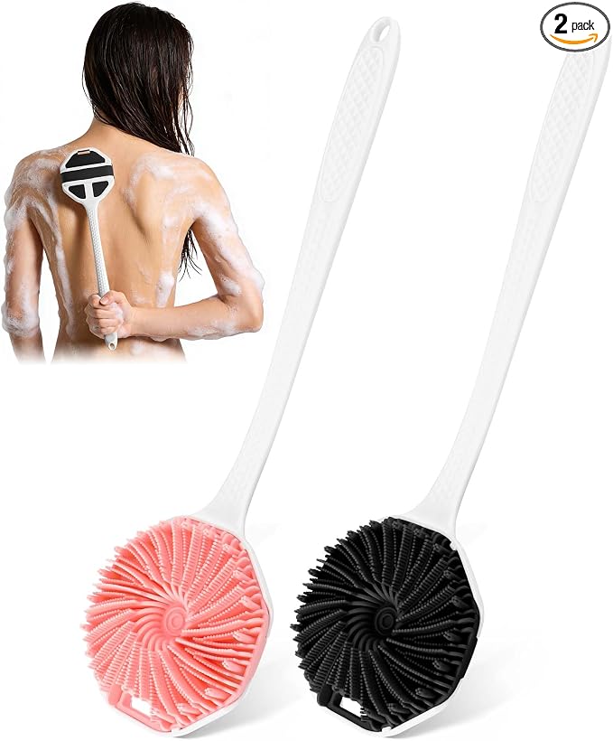 Back Scrubber for Shower, 2 Pack Long-Handled Silicone Shower Brush for Man, Body Brush with Stiff and Soft Bristles for Body Exfoliation and Massage, (Black+Pink)