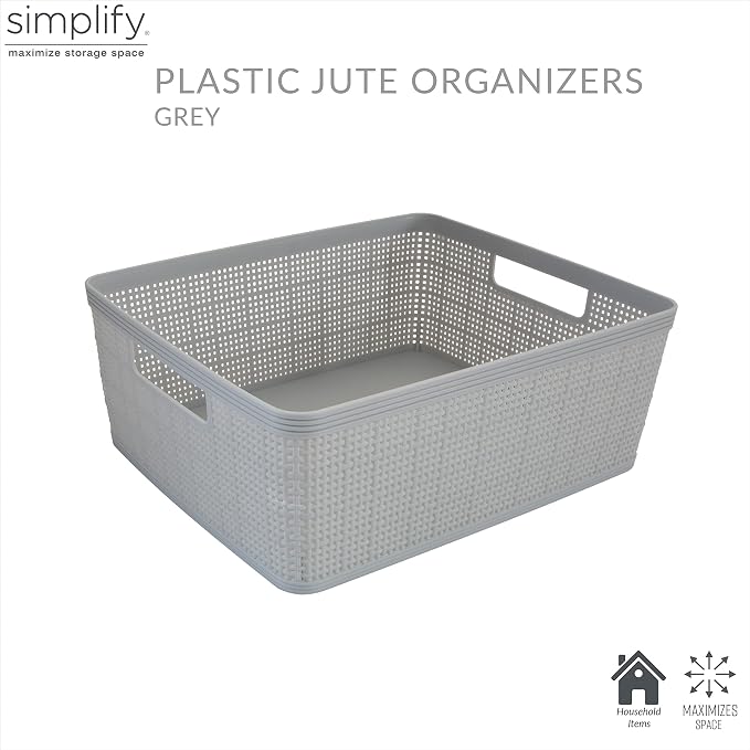Simplify 10 Piece Organizing Set Multiple Size Bins Multipurpose Office, Desk, Dorm, Bathroom, Storage Basket, Small Items & Accessories | Grey (Pack of 6)
