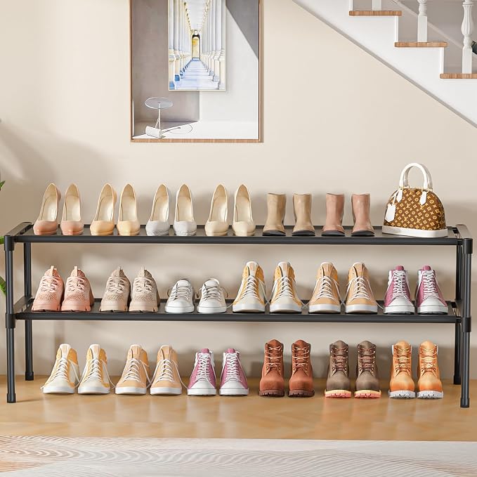 LUKYTOWER Extra Long Shoe Rack 2 Tier Wide Shoe Storage Organizer | Sturdy Durable Shoes Rack for Closet, Entryway, Dorm, Save Space Stackable Shoe Shelf Stand Holder