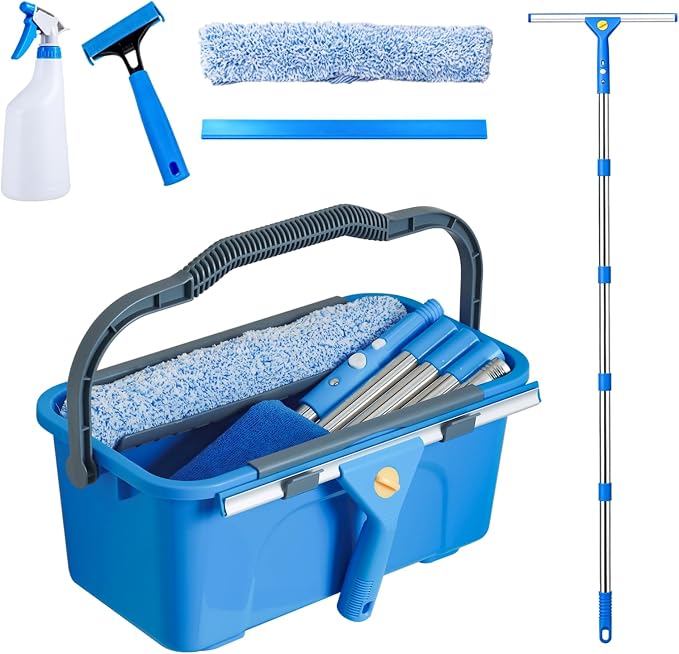 Professional Window Cleaning Kit with 76" Telescopic Pole, Bucket 3 Gallon,2PCS 15" Scrubbers, 2PCS 14" Squeegee, Scraper, Cloth & Sprayer, Window Cleaner Tool for Commercial, Home, Outdoor, Car