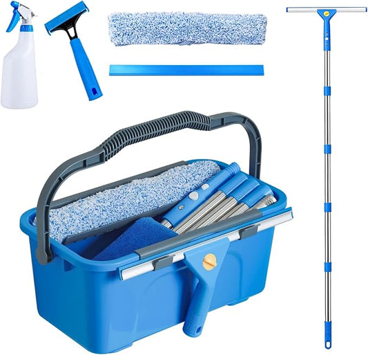 Professional Window Cleaning Kit with 76" Telescopic Pole, Bucket 3 Gallon,2PCS 15" Scrubbers, 2PCS 14" Squeegee, Scraper, Cloth & Sprayer, Window Cleaner Tool for Commercial, Home, Outdoor, Car