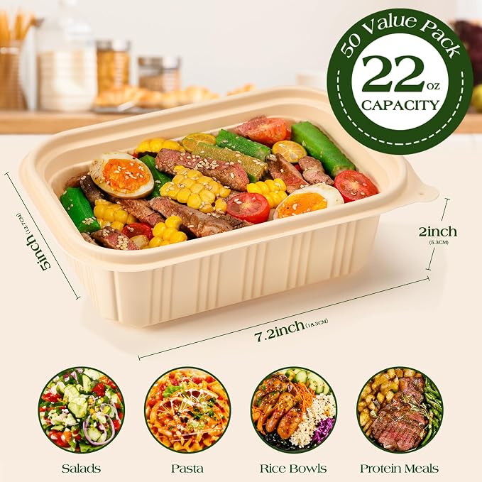 50 Pack (100 Piece) Food Containers with Lids, 22oz Meal Prep Containers Reusable Plant-based Cornstarch Lunch Box BPA Free Small Disposable Take Out Togo Boxes for Salad Microwave & Freezer Safe
