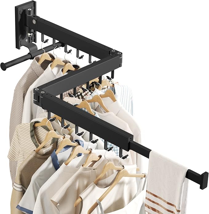 BOQORAD Drying Rack Clothing, Retractable Clothes Drying Rack,Wall Mounted Laundry Rack, Laundry Drying Rack Wall Mount,Collapsible Clothes Rack,can Fold Upward & Left & Right,Black Color