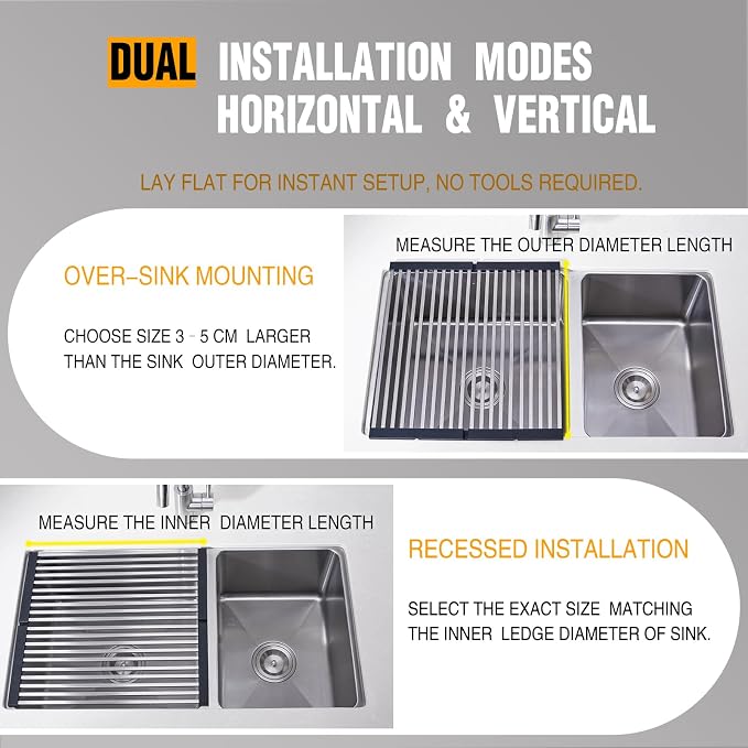 Foldable Over Sink Dish Drying Rack, 304 Stainless Steel Kitchen Drain Rack for Tableware, Detachable Silicone Edge, Rectangular Tubing (Brushed Nickel, 3 Fold 19.7" x 11.42")