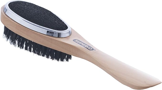 Superio 3 in 1 Lint Brush and Shoe Horn for Suit, Wool Coat, Sweaters, Shoes - Double Sided Portable Pet Hair Remover with Wood Handle