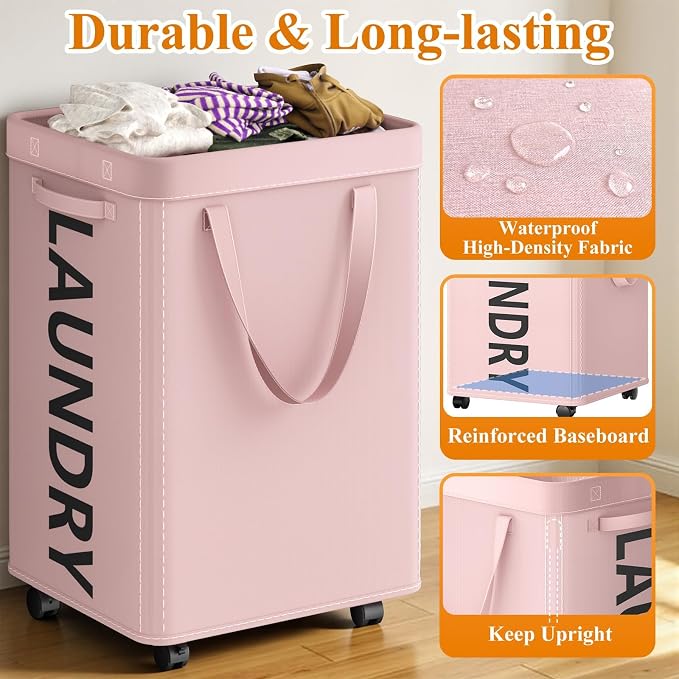 Optish Pink Laundry Basket with Wheels, Dorm Room Essentials Girl, 90L Rolling Laundry Hamper with Wheels, Large Clothes Hamper on Wheel with Removable Mesh Bag for Bedroom, Dorm