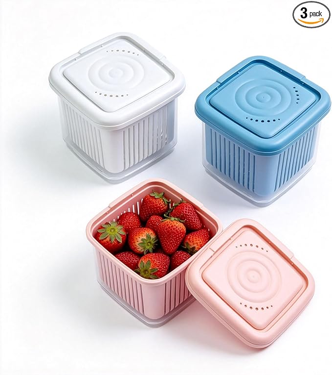 Fruit Storage Containers for Fridge with Removable Colander, Airtight Food Storage Container, Dishwasher Safe Produce Saver for Refrigerator, Keep Berry Fruit Fresh Longer 3 pcs Small Clear