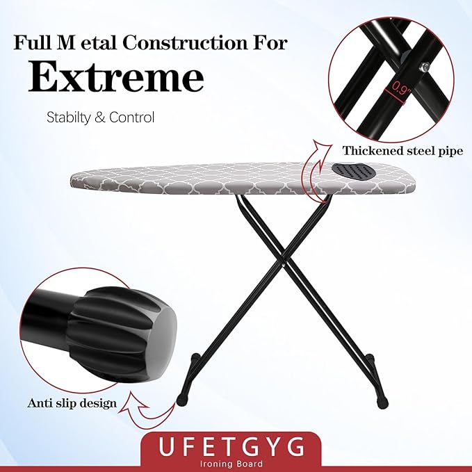 UFETGYG Ironing Board with Silicone Iron Rest pad,Extra Thick Cover,14x54 Compact and Space Saver Iron Board, Height Adjustable,Stable Structure, Easy to Fold, White and Gray