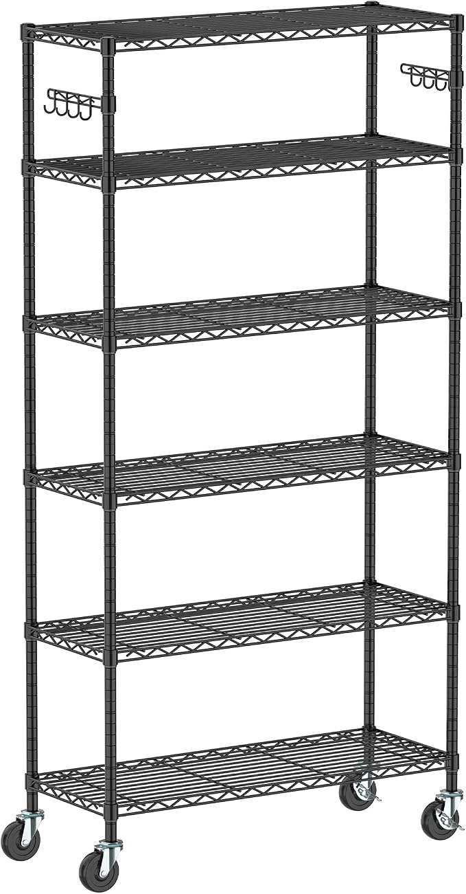Folews 6-Tier Metal Storage Rack with Wheels, NSF Sturdy Adjustable Wire Shelving Unit for Garage Kitchen Pantry Laundry Room, 36" W x 14" D x 75" H Large Rolling Organizer Shelf Easy Assembly, Black