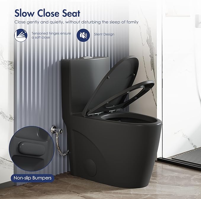 Eridanus Elongated One Piece Toilet with Powerful Siphon Dual Flush 1.1/1.6 GPF, 12" Rough-In Modern Bathroom Toilets with Comfort Soft Closing Seat Height 17", ADA Compliant Bowl, Matte Black