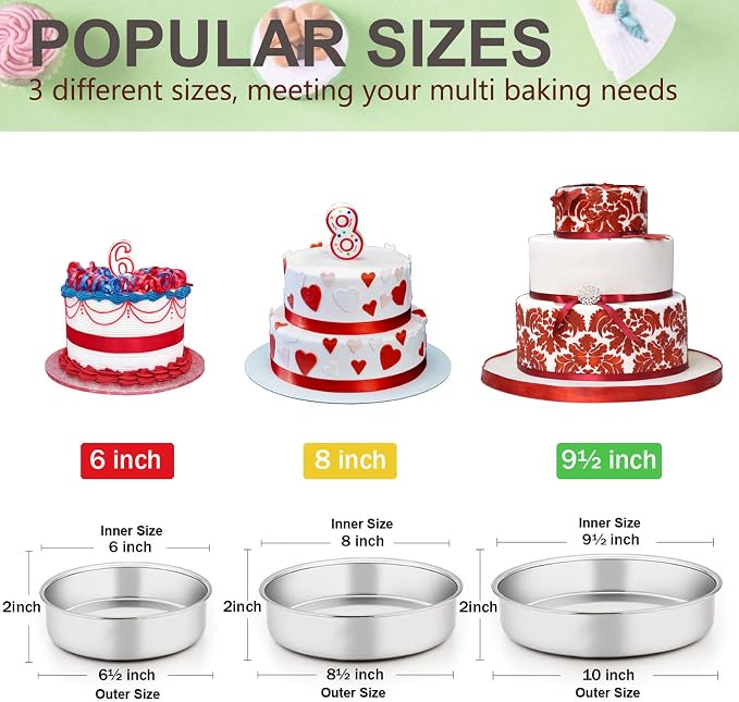E-far Cake Pan Set of 3 (6 inch/8 inch/9½ inch), Stainless Steel Round Layer Cake Baking Pans, Perfect for Birthday Wedding Tier Cake, Non-Toxic & Healthy, Mirror Finish & Dishwasher Safe