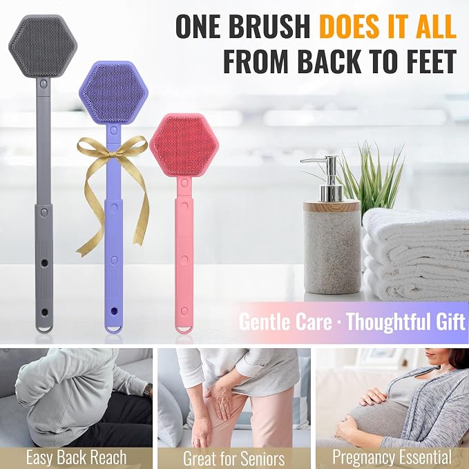 AIMAIAIMAI Silicone Back Scrubber for Shower – 21in Extendable Shower Brush with Long Handle – Dual-Sided Back Brush with Non-Slip Grip, Gentle Cleansing & Exfoliation for Men, Women, Elderly (Pink)