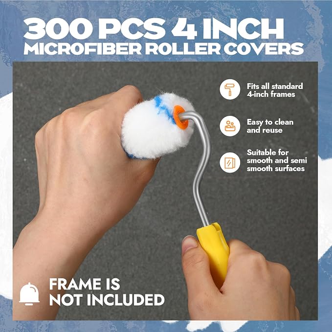 Leumoi 300 Pcs 4 Inch Mini Paint Roller Cover 1/2" Nap Small Microfiber Roller Covers Home Repair Tools House Household Supplies Kit(Blue, White)