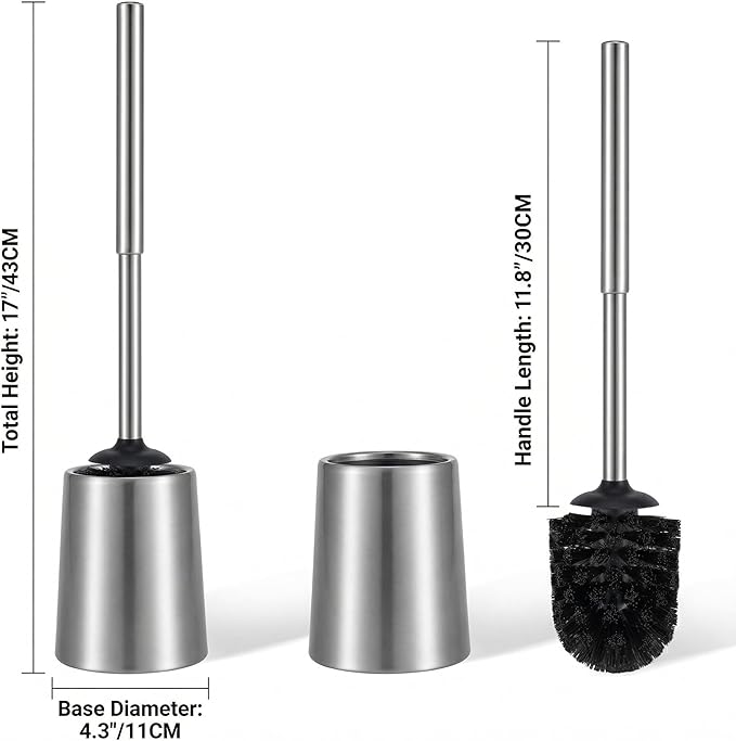 SUS304 Stainless Steel Toilet Brush and Holder Silicone Bathroom Brush TPE Brush Head Toilet Cleaner for Bowl Bathroom Cleaning Brush Caddy with Oily Coating Brushed Chrome