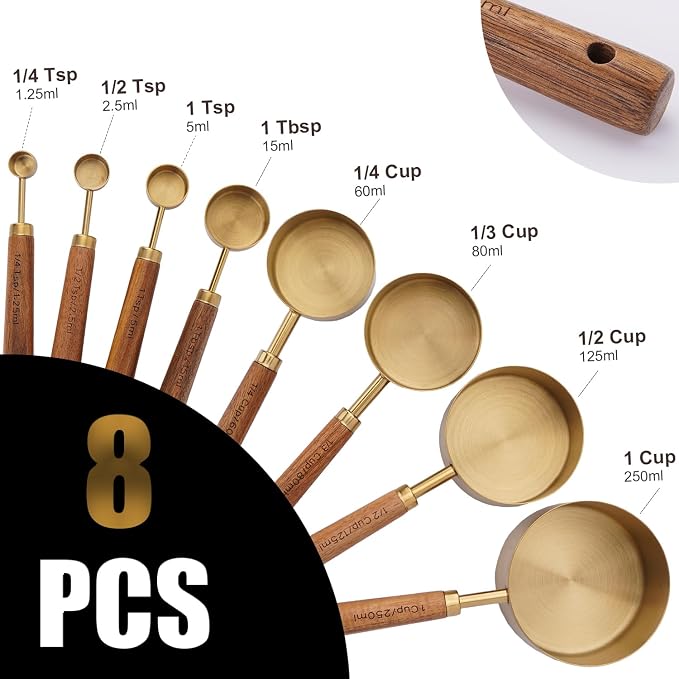 SHIKORI Gold Measuring Cups and Spoons Set with Wood Handles, Premium Stainless Steel Measuring Spoons and Measuring Cups Set-Gold