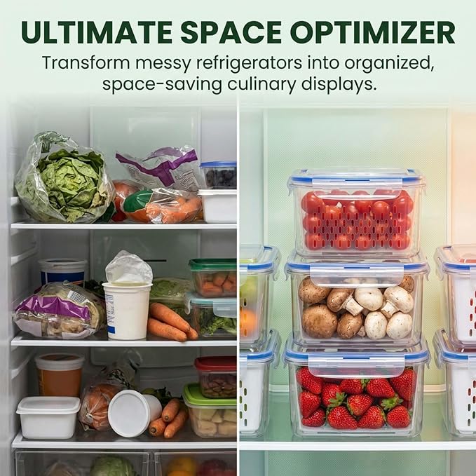 Fruit Storage Containers for Fridge with Removable Colander, Airtight Produce Storage Containers with Lids, Fridge Organizers and Storage for Berry, Fruit, Vegetables, Salad & Meal Prep (Blue, S+M+L)