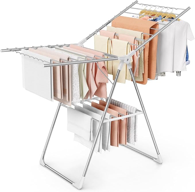 Sakugi Clothes Drying Rack, 55.5" Adjustable Wings, Foldable Design | Laundry Room, Bedroom, Outdoor & Indoor Use, Height Adjustable, Collapsible, Silver White, 55.5" L × 22.8" W