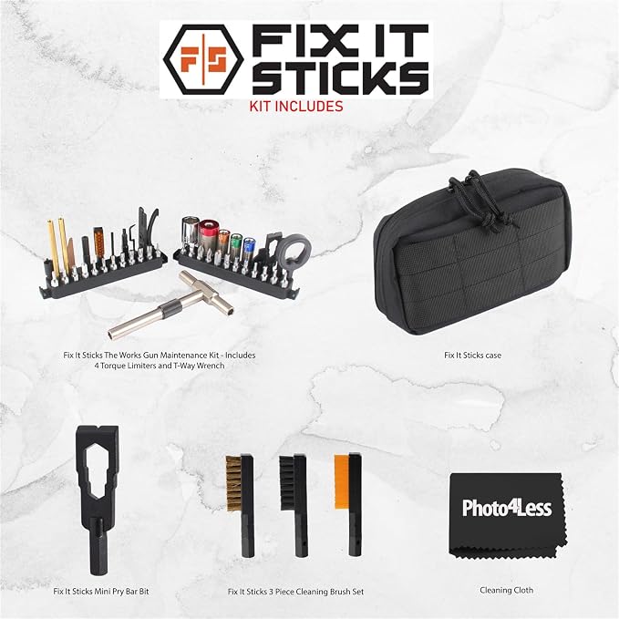 Fix It Sticks The Works Combination Gun Field Maintenance, Torque Limiter/All-in-One Torque Drive/Modular T-Drive Bundle with 3 Piece Cleaning Brush Set, Versatile Durable Steel Mini Pry Bar Bit