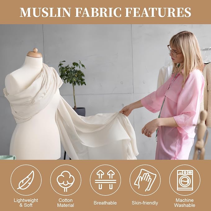 100% Cotton Muslin Fabric, 63 Inch X 10 Yards Unbleached Fabric by The Yard | Medium Weight, Easy Care, Fabric for Sewing Embroidery , Garments, Crafts Material, Apparel Cloth