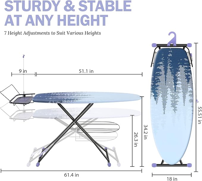 KINGBOARD Foldable Ironing Board Full Size, Iron and Ironing Board Set Large Size, Iron Boards with Ironrest & Adjustable Height,Heavy Duty Iron Table Stand with Metal Legs &Thick Cover,18×51 Purple