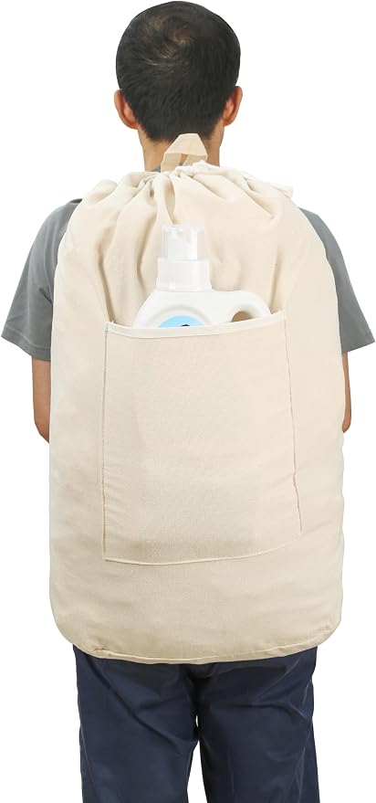 Canvas Laundry Bag, Laundry Backpack, Beige, X-Large | Washable Laundry Collector,Thick Woven Adjustable Shoulder Straps,Large Front Pocket,Drawstring Closure,for College,Camping