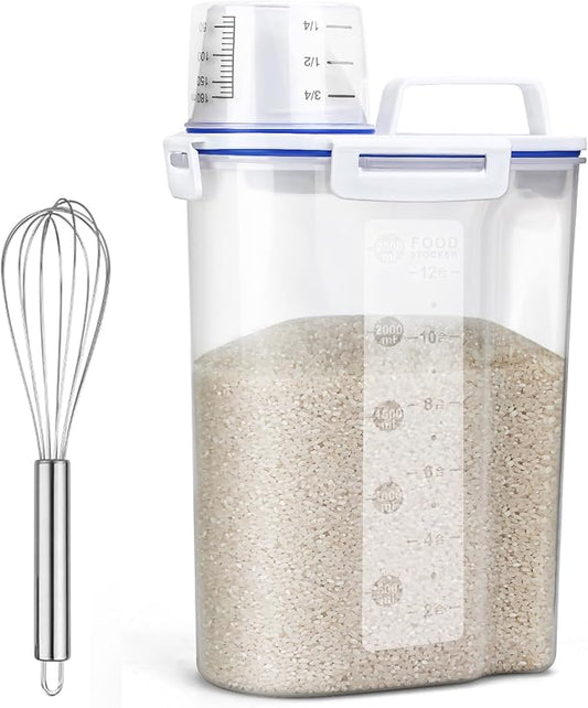 Uppetly Rice Airtight Dry Food Storage Containers, BPA Free Plastic Sealed Holder Bin Dispenser with Pouring Spout, Measuring Cup for Cereal, Flour and Oatmeal, Include a Stainless Steel Whisk