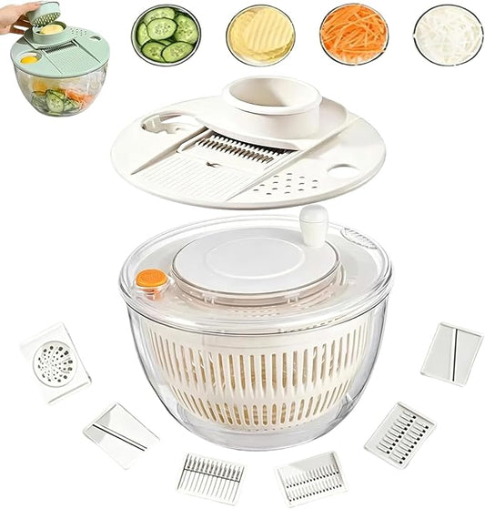 Large Capacity Multi-Function Salad Spinner with Quick Stop Button, Salad Spinner Stainless Steel, Salad Spinner Large, with 5 Blade Slicer Egg Yolk Strainer Shredder (Transparent White)
