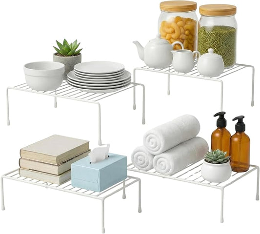 Evelots Wire Shelf Organizer Set, Large Metal Cabinet Risers, 4-Pack, White | Four large rustproof metal shelf organizers create extra storage space in kitchen cabinets, pantries, freezers and bathrooms.