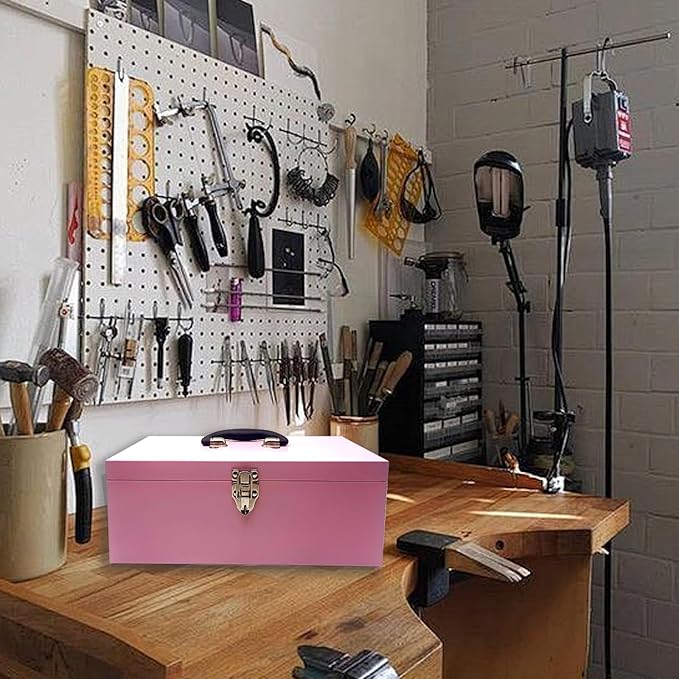 16" Small Tool Box Mini Toolbox Small Metal Tool Box Portable Locking Metal Toolbox with Latch Closure Pink
