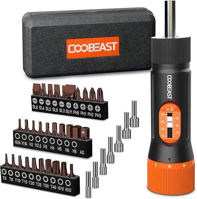 coobeast 38Pcs Preset 1/4” Drive Torque Screwdriver with S2 Bits | Torque Wrench Screwdriver Set,for Maintenance,Tools,Bike Repairing,Mounting,Inch Pound Torque Range 10-70 In-lb