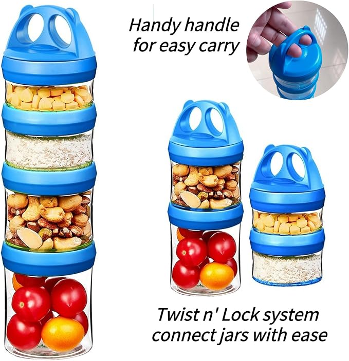 SELEWARE Stackable Snack Containers for Kids Toddlers Adults, Blue & Green | Portable Food Storage Containers for Snacks Formula Powder Drinks and Travel, Twist Lock System Airtight Leak-proof BPA Free