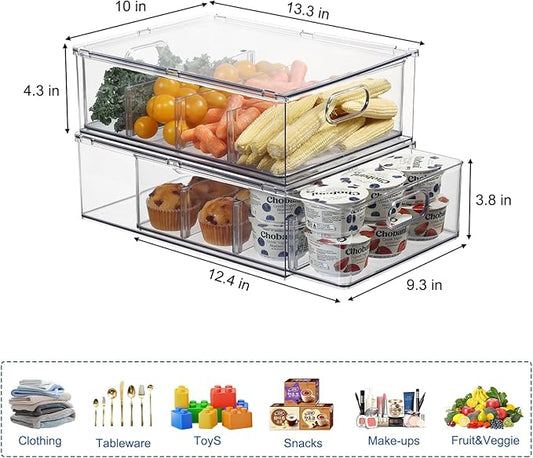 Fridge Drawer Pull Out Stackable Bins, Clear Refrigerator Stackable Organizers, Fridge Organizer Storage for Kitchen, Pantry, Vegetables, Fruits (2 Large)